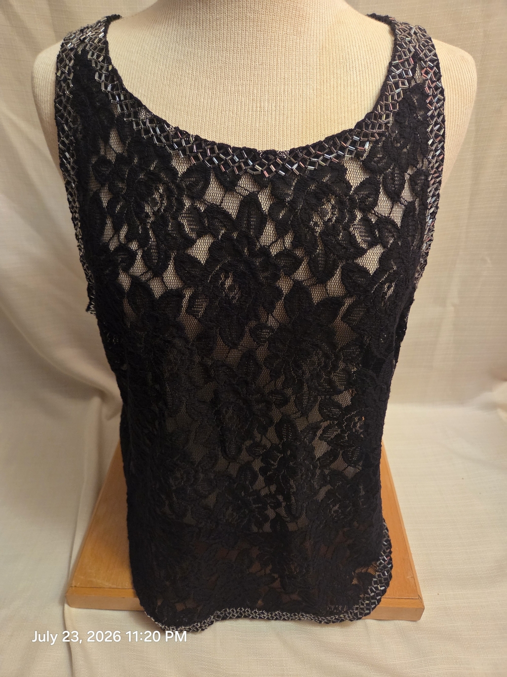 Jennifer Lopez Black Floral Lace Beaded Trim Camisole